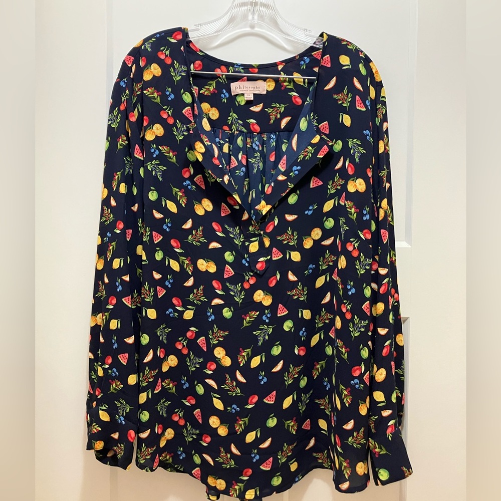 3X Philosophy tunic top navy blue with fruit pattern